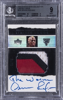 2003-04 UD "Exquisite Collection" Limited Logos #DR Dennis Rodman Signed Game Used Patch Card (#73/75) – BGS MINT 9/BGS 8
